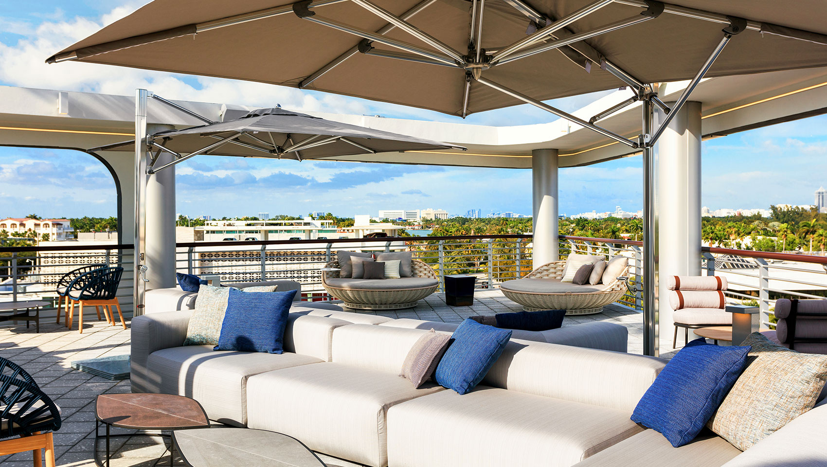 rooftop lounge chairs and umbrellas